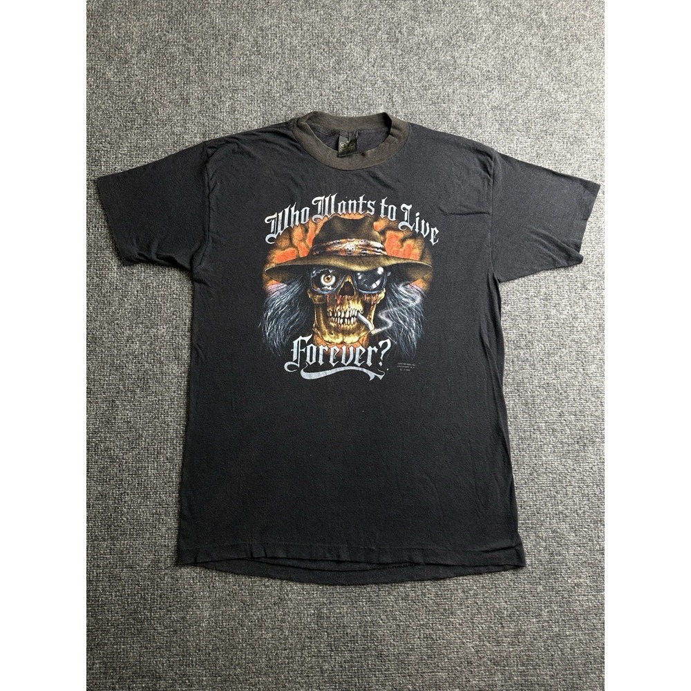 Mens 1989 3D Emblem Who Wants To Live Forever Skull T Shirt, Size XL